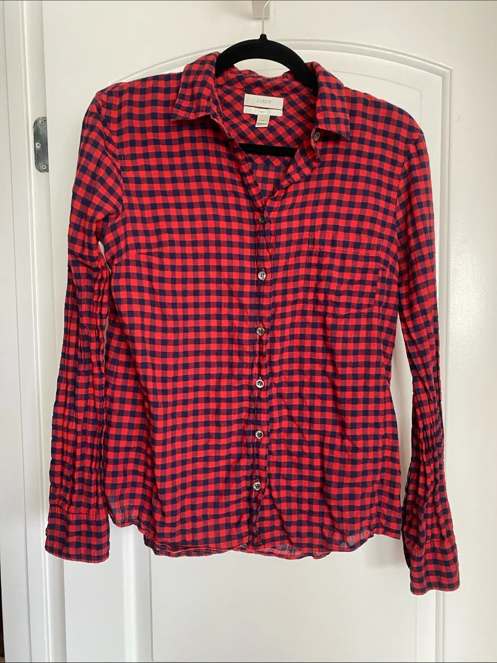 J.Crew Crinkle Boy Shirt in Red Check Plaid Gingham Lightweight - Size 6